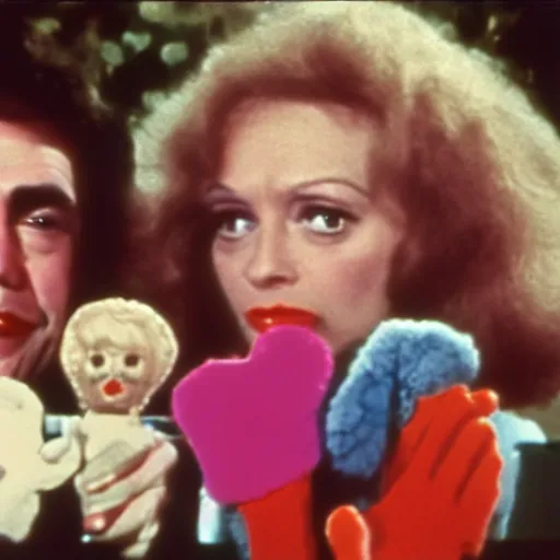 Prompt: 1976 a woman holding a hand puppet made out of human hair and cute eyes 16mm technicolor Almodovar John Waters Russ Meyer Doris Wishman old photo