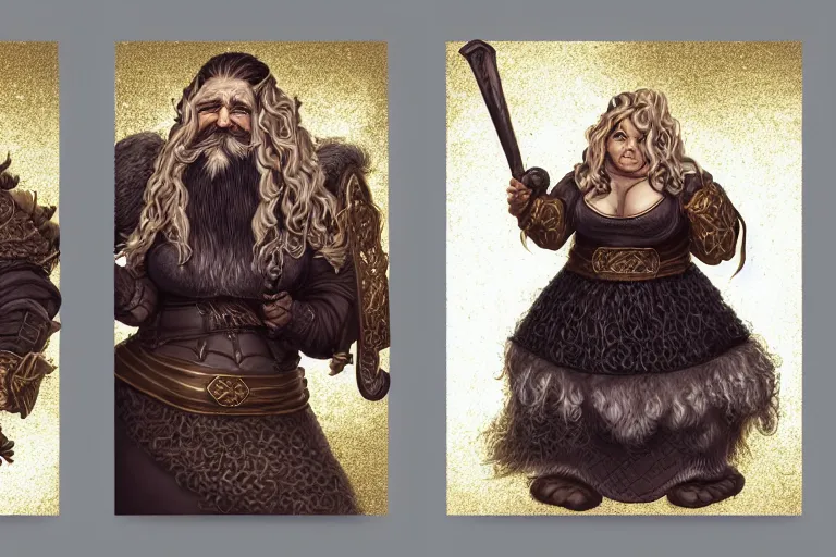 Prompt: triptych of elderly female feminine bearded dwarven heavyset fighter with curly long grey hairstyle, her full beard is long and plaited style, she has wrinkled skin and is wearing full black platemail armor with intricate slight gold trim by rossdraws, triptych format