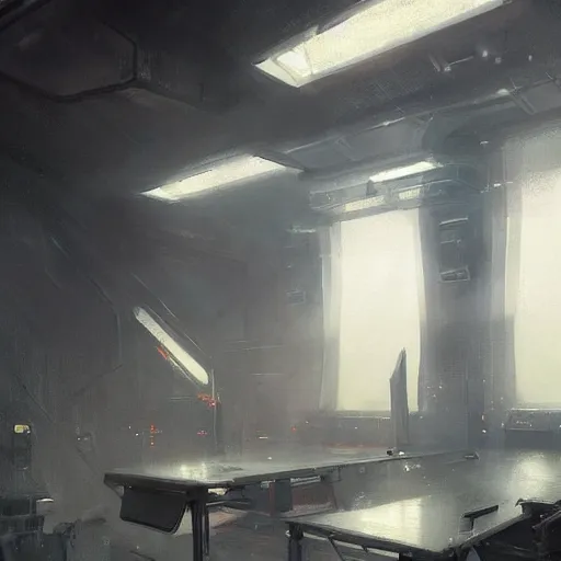 Prompt: concept art by greg rutkowski, the interior of a futuristic police station converted as a shelter, dim lighting, the windows were covered with steel plates and the desks as barricades, depressing atmosphere, scifi, digital painting, artstation, concept art, smooth, sharp foccus ilustration, artstation hq