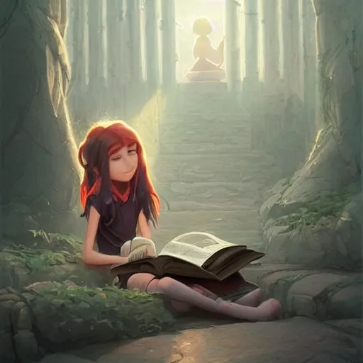 Image similar to a pixar girl reading a book, long hair flowing down, symmetrical, style of by Jordan Grimmer and greg rutkowski, crisp lines and color,