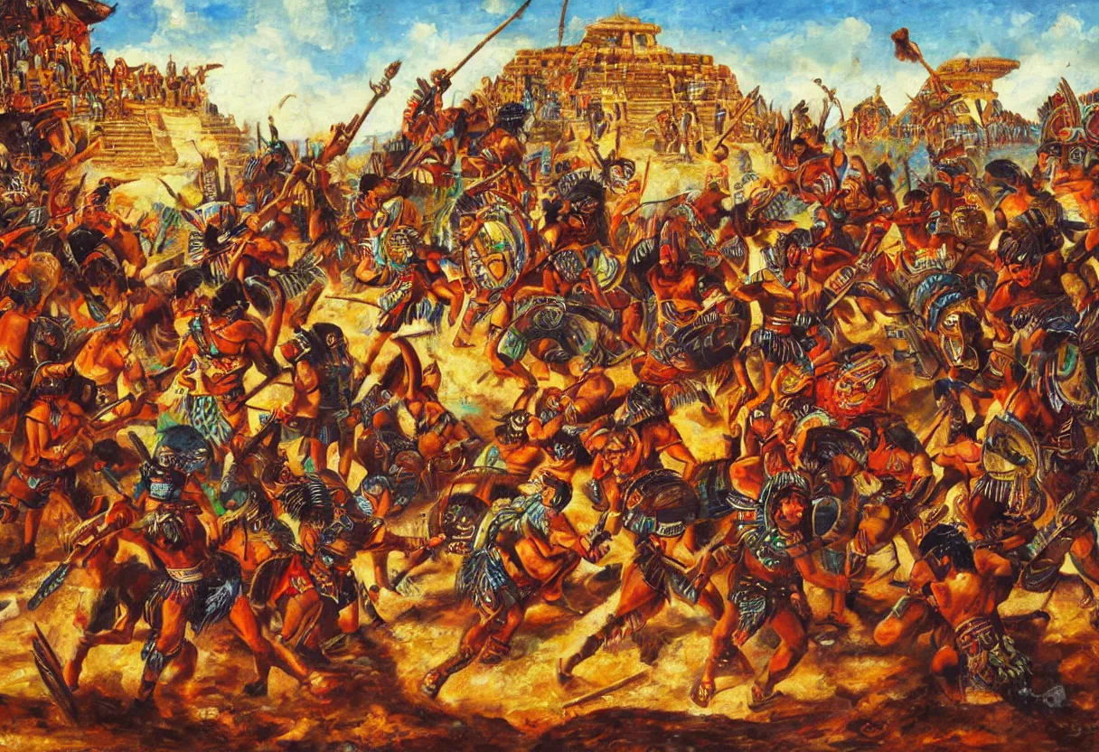 Prompt: aztec warriors fighting on an aztec temple, colorful oil painting