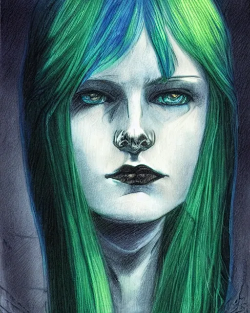 Image similar to blue hair cyborg girl with pale skin in a gloomy hotel room with green neon lights. portrait drawing by enki bilal. art nouveau, neo - gothic, gothic, rich deep moody colors