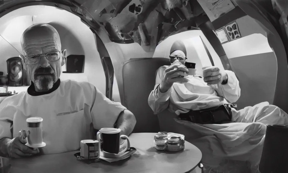 Image similar to 3 5 mm film still, walter white having a coffee break in space