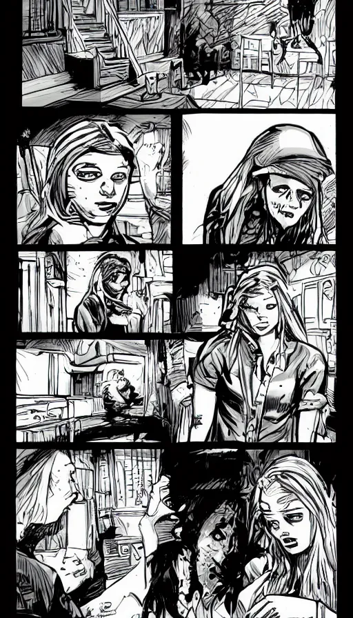 Image similar to multi - panel page from a highly detailed horror comic. young woman talking with a horrifying creature in her adjustment. terror. ink.