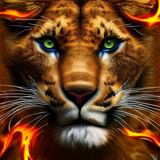 Image similar to mix of puma and jaguar and lion and tiger attacking, giant cat monster, 8 k ultra realistic animal, detailed intricate fur, flame in the fur, full of colour, cinematic lighting, battered, trending on artstation, 4 k, hyperrealistic, focused, extreme details, unreal engine 5, cinematic, masterpiece, art by ayami kojima
