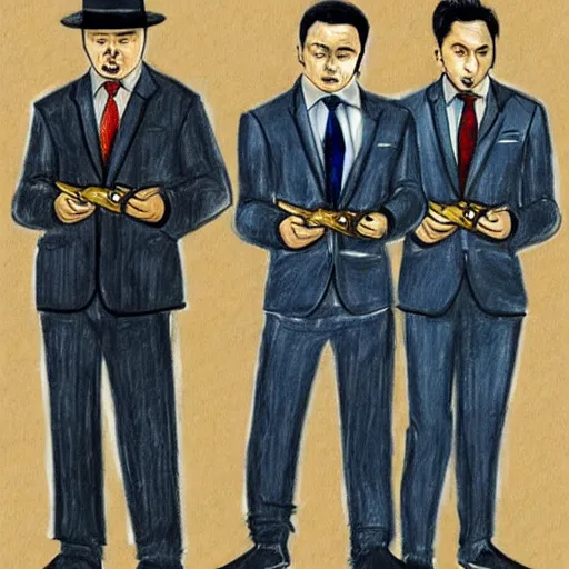 Prompt: A drawing of Kazakh mafia in stylish Italian suits with Tommy guns, smoking cigars