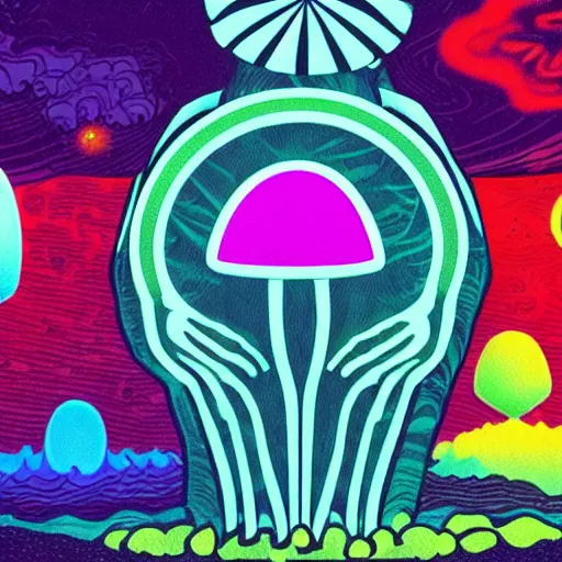 Image similar to mushrooms in the place of flying saucers, hallucinogenic, psychedelics, altered vision, groovy, modern,