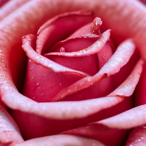 Image similar to a zoomed in macro 8mm photo of a red rose petal, macro photograph, photo, photorealistic, microscopic photo