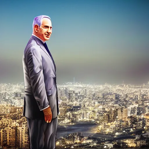 Image similar to portrait of Benjamin Netanyahu, Tel-Aviv skyline background, rich vivid colors, ambient lighting, dynamic lighting, 4k, HQ, official media, detailed, trending on artstation