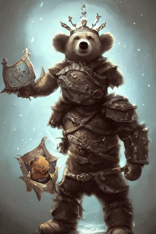 Image similar to cute little anthropomorphic bear knight wearing a cape and a crown, tiny, small, miniature bear, baby animal, short, pale blue armor, cute and adorable, pretty, beautiful, DnD character art portrait, matte fantasy painting, DeviantArt Artstation, by Jason Felix by Steve Argyle by Tyler Jacobson by Peter Mohrbacher, cinematic lighting