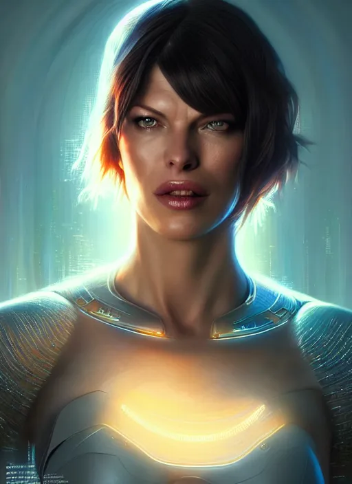 Image similar to portrait of female as cortana, milla jovovich, intricate, elegant, glowing lights, highly detailed, digital painting, artstation, glamor pose, concept art, smooth, sharp focus, illustration, epic angle, art by artgerm and greg rutkowski, artey freytag