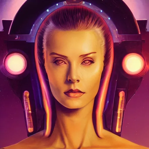 Image similar to celestial female machine, facial portrait, retro-futuristic, legendary epic shot, 90s make-up, galaxy space hunter, cyber implants, wires, low angle, dawn, by artgerm, julie bell, beeple and Greg Rutkowski, airbrush, science fantasy, 90s, concept art, realistic matte painting, Smooth gradients, octane render, 8k, High contrast, duo tone, depth of field, volumetric lightning, very coherent, symmetrical, skin pore detail