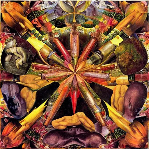 Image similar to an oil painting by arcimboldo, by georgia o keeffe, by botticelli, by giger, by frank frazetta seen through a kaleidoscope, kaleidoscope, broken, nerve system, medical