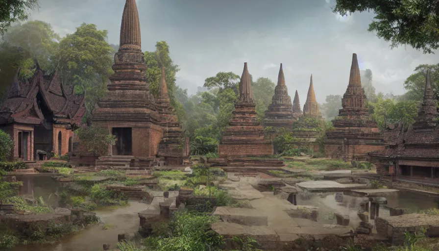 Prompt: matte painting of a beautiful sukhothai village, digital art, trending on artstation