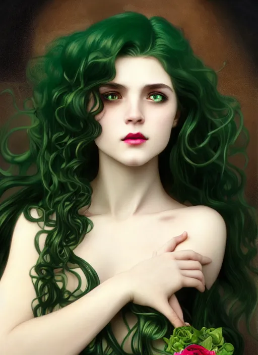 Prompt: young vampire girl, goddess of green velvety malachite and obsidian diamonds and black roses with long curly, golden hair, perfectly proportioned face, brown eyes, sweet smile, strong jawline, natural lighting, path traced, highly detailed, high quality, cartoon, digital painting, by new haicheng and riccardo federici and alphonse mucha