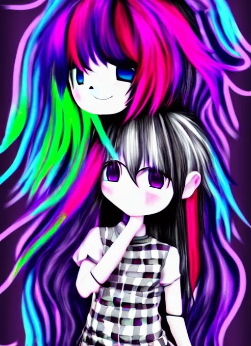 Image similar to emo anime girl, scene, rainbowcore, vhs monster high, glitchcore witchcore, checkered spiked hair, pixiv