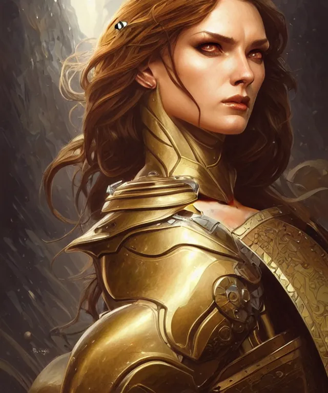 Image similar to Muscular and powerful medieval knight woman portrait, sci-fi, amber eyes, face, long hair, fantasy, intricate, elegant, highly detailed, digital painting, artstation, concept art, smooth, sharp focus, illustration, art by artgerm and greg rutkowski and alphonse mucha