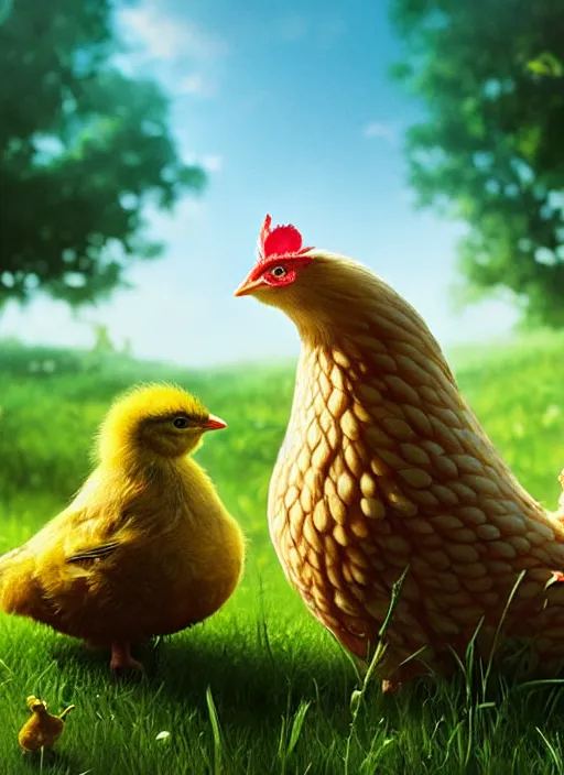 Image similar to a hen and her two cute small yellow chicks on a meadow, mama movie poster by nuri iyem, james gurney, james jean, greg rutkowski, anato finnstark. pixar. hyper detailed, 5 0 mm, award winning photography, perfect faces