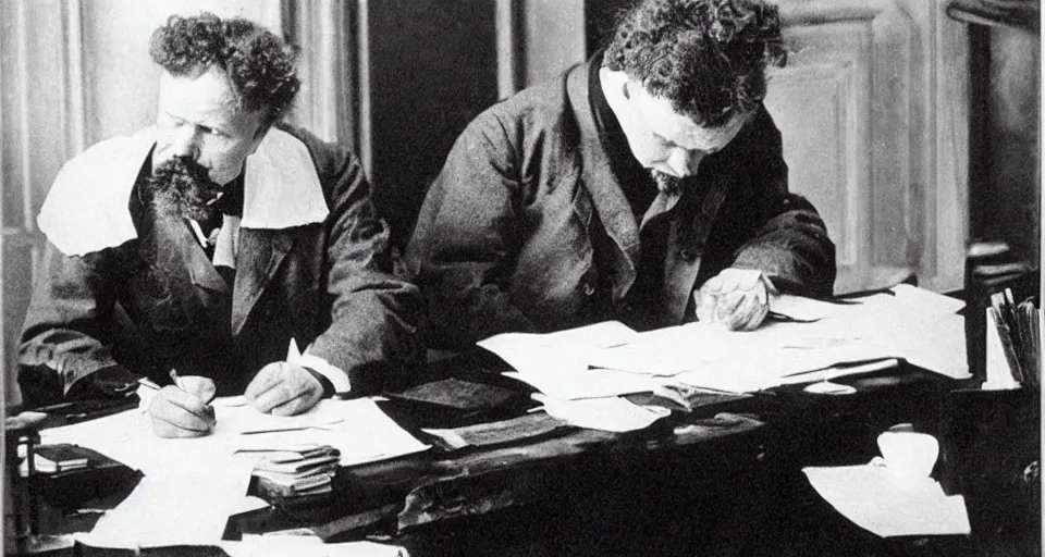 Prompt: august strindberg writing at a secretary desk in a small viennese apartment, lamplight, victorian era, depth of field