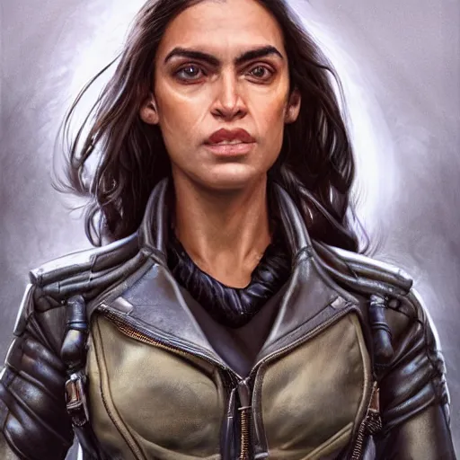 Image similar to muscled Alexandria Ocasio-Cortez as a ruggedly handsome heroine , dressed in biker leather, intricate, elegant, highly detailed, centered, digital painting, artstation, concept art, smooth, sharp focus, illustration, art by artgerm and donato giancola and Joseph Christian Leyendecker, Ross Tran, WLOP.