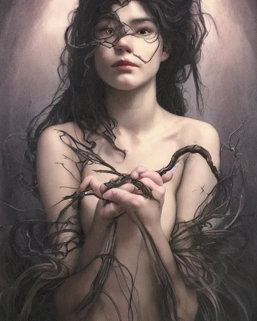 Prompt: portrait of the embodiment of darkness by Valentina Remenar, artgerm, trending on artstaton, intricate, haunting, matte painting, moody lighting, Romanticism, oil painting, hyperrealistic, James Jean, Daniel Gerhartz, maya adam, symbolism, Gerald Brom, J.C. Leyendecker, Alphonse Mucha, Mike Mignola, Akihiko Yoshida, intense atmospheric, intricate, ornate, lightforged, character concept, cgsociety