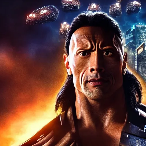 Image similar to cinematic still of dwayne johnson in alita : battle angel ( 2 0 1 9 ), xf iq 4, f / 1. 4, iso 2 0 0, 1 / 1 6 0 s, 8 k, raw, dramatic lighting, symmetrical balance, in - frame
