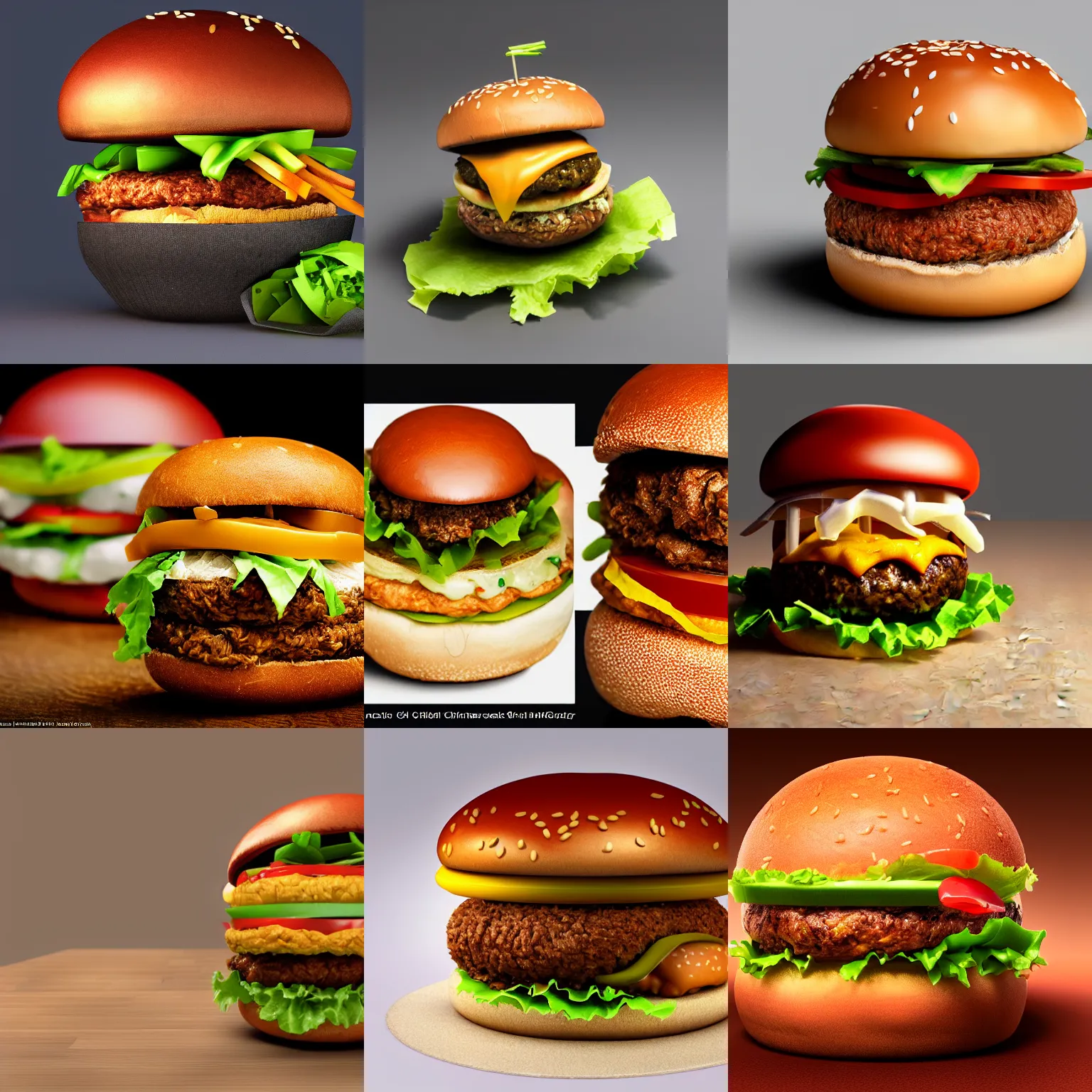 Prompt: 3D render of a small chicken inside a hamburger, food photography, studio lighting, highly detailed