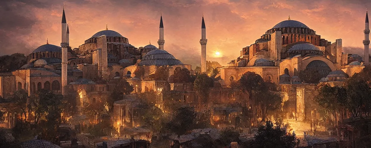 Image similar to historicaly accurate medieval istanbul and hagia sophia scenery landscape, lord of the rings,, rule of thirds, sunset, highly detailed, perfect lighting, perfect composition, 4 k, artgerm, derek zabrocki, greg rutkowski