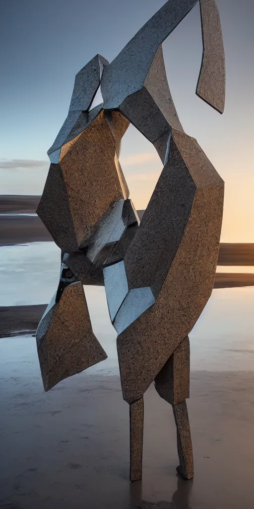 Image similar to futuristic angular architect humanoid sculpture made from deconstucted charcoal wood and mirrors, refracted, floating, iceland landscape photography sunset, by lurie belegurschi and gunnar freyr