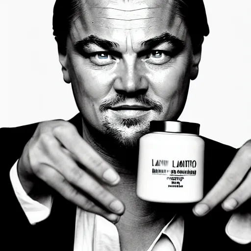 Image similar to detailed studio portrait of leonardo dicaprio holding tiny jar of tincture. watching ar camera. studio light, polished look, solid background, ad, fashion photography, by pierpaolo ferrari and maurizio cattelan, 3 5 mm photograph, david lachapelle, canon eos c 3 0 0, 8 k