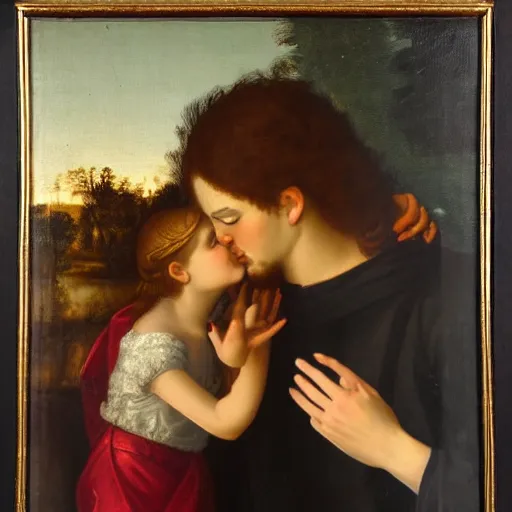 Prompt: an oil panting of a young jesus kissing maria maddalena