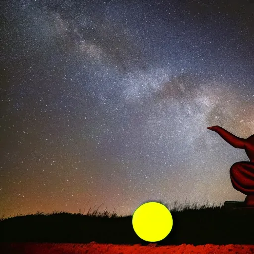 Image similar to Film still of silhouette of indian statue, sukhasana, starry sky with flying saucer, ufo, ufo, ufo, with radiating hill, full shot