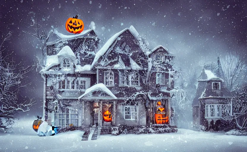 Image similar to “snowy halloween, digital art, award winning”