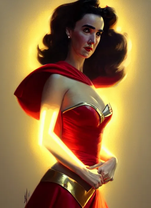 Image similar to portrait of 1 9 5 0 s darna, jennifer connelly, intricate, elegant, glowing lights, highly detailed, digital painting, artstation, glamor pose, concept art, smooth, sharp focus, illustration, art by wlop, mars ravelo and greg rutkowski