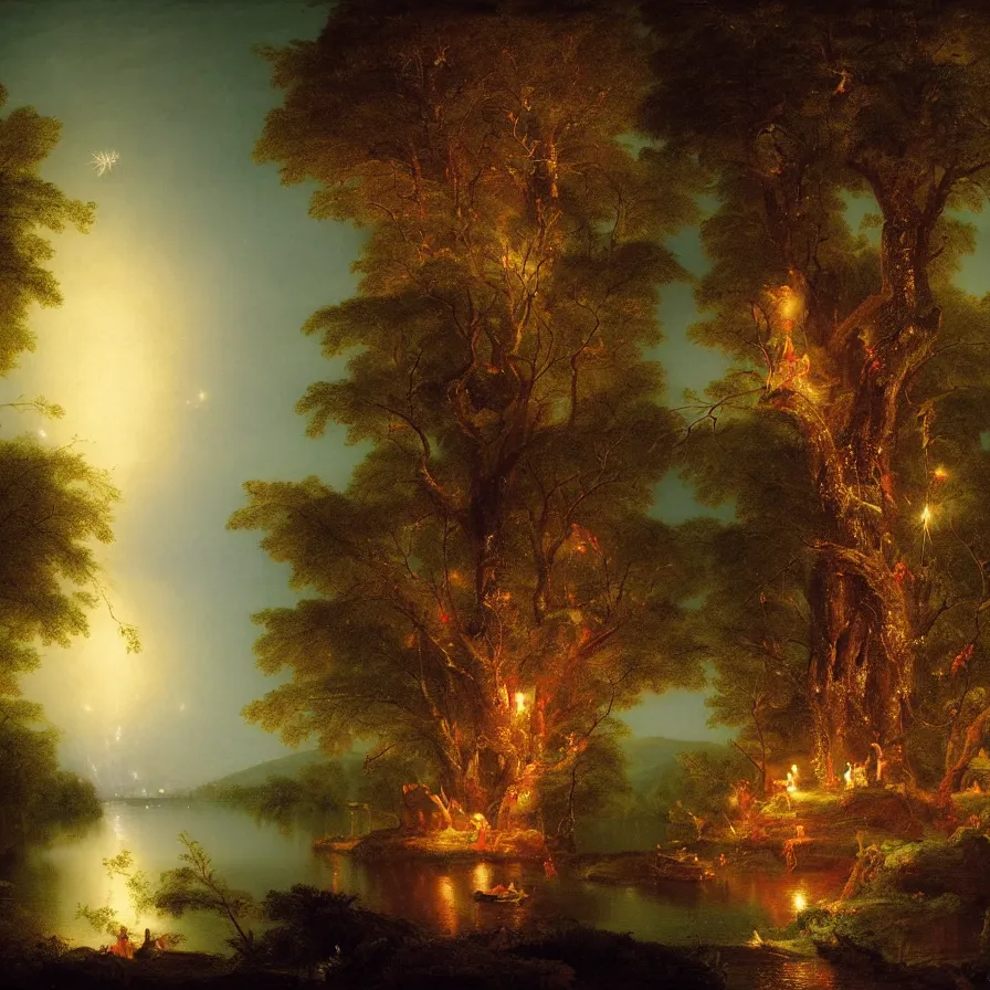Image similar to a night carnival around a magical tree cavity with a rounded scenario with many fireworks and christmas lights, with a surreal orange moonlight, next to a lake with iridiscent water, volumetric lightning, folklore people disguised as fantastic creatures in a magical forest by summer night, masterpiece painted by thomas cole, scene by night, dark night environment, refraction lights, glares
