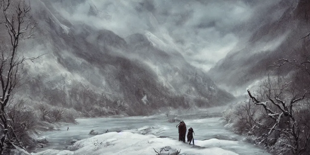 Prompt: A majestic landscape featuring a river, mountains and a forest. A small group of birds is flying in the sky. Harsh winter. very windy. There is a man walking in a deep snow.Camera is closely following the man. Cinematic, very beautiful, painting in the style of Lord of the rings