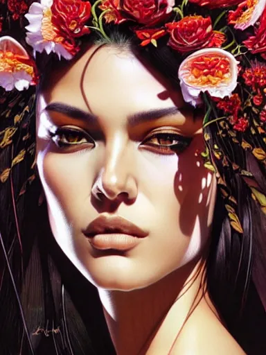 Image similar to a portrait of latina supermodel with a floral background by karol bak, artgerm, moebius, yoji shinkawa : : portrait, illustration, photorealism, hyperrealism