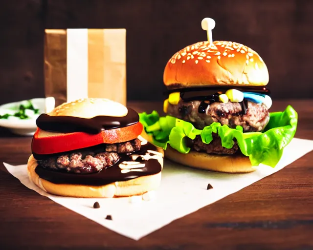 Prompt: dslr food photograph of burger with a few marshmallows in it, some chocolate sauce, 8 5 mm f 1. 4