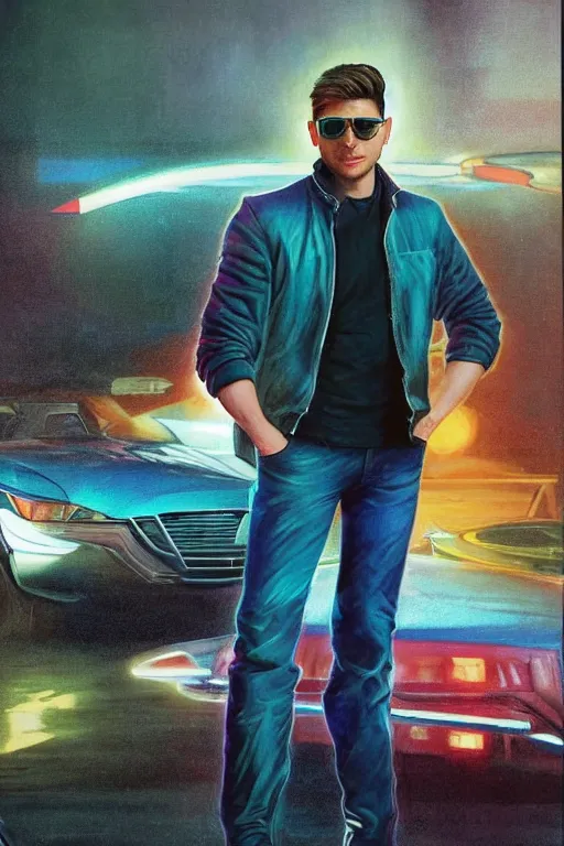 Prompt: a detailed full bodied matte portrait of jensen ackles as time traveler stepping out of a futuristic neon colored car, holding a milkor mgl, wearing glowing neon shuttered 1 9 8 0 s glasses!!!!, aetherpunk, masterpiece, 8 k, art by greg rutkowski and albert bierstadt and arthur rackham and alphones mucha