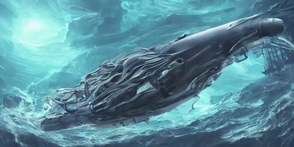 Prompt: a futuristic sea creature in a deep sea below one hundred kilometers from the sea level with a giant bazooka on it\'s back, detailed illustration, digital art, overdetailed arttrending on artstation, the most beautiful image ever created, dramatic, subtle details, illustration painting, 8K, award winning artwork, high quality printing, fine art, intricate, epic lighting, very very very very beautiful scenery, 8k resolution, digital painting, sharp focus, professional art, 8k ultra hd, artstationHD, hyper detailed