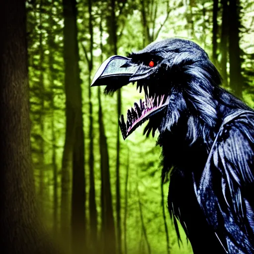 Image similar to werecreature consisting of a human and crow, photograph captured in a forest