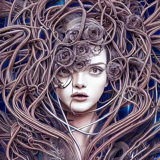 Image similar to the anatomy of a head of wires with electric chrome roses that resemble a beautiful woman, an ultrafine detailed illustration by james jean, intricate linework, bright colors, final fantasy, behance contest winner, symmetry, vanitas, angular, altermodern, unreal engine 5 highly rendered, global illumination, radiant light, detailed and intricate environment