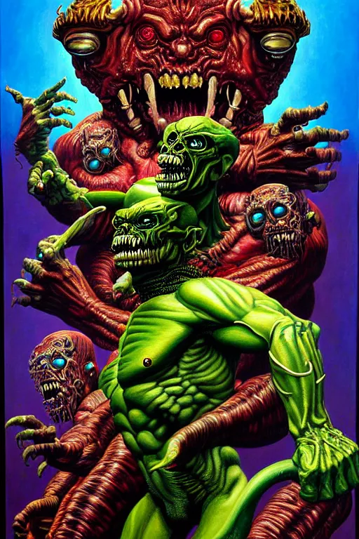 Image similar to a hyperrealistic painting of an epic boss fight against an ornate supreme dark mutant overlord, cinematic horror by chris cunningham, lisa frank, richard corben, highly detailed, vivid color,