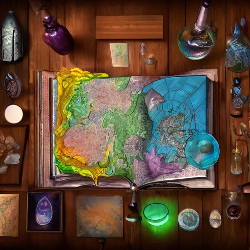 Image similar to hyper real, table, map, wizards laboratory, lisa parker, tony sart, mortar, pestle, scales, energy flowing, magic book, beakers of colored liquid