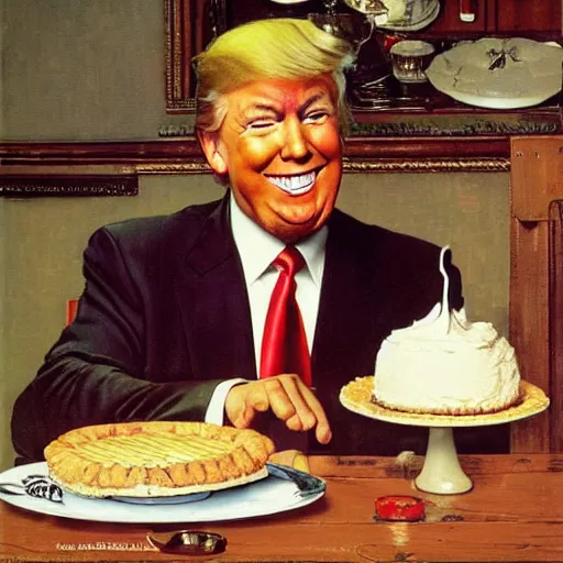 Image similar to donald trump eating a cream pie at a wooden table, he is smiling, artist norman rockwell,