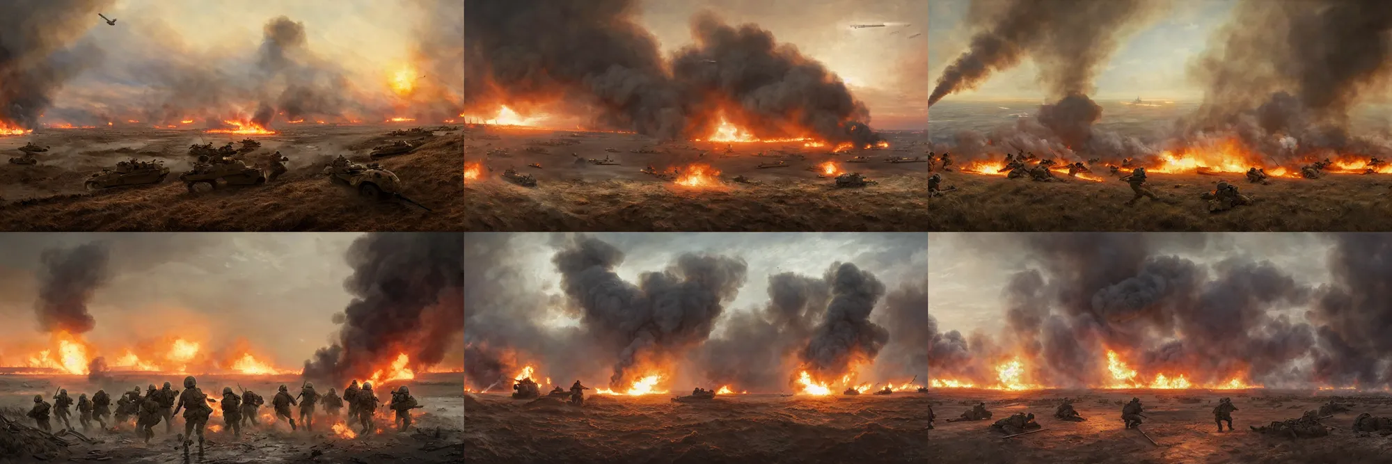 Prompt: the normandy landings, d - day, 1 9 4 5, chaos, smoke, fire, soldiers charging in, highly detailed, wide shot, cinematic, ultra realistic, ray tracing, painting by jessica rossier and ivan shishkin