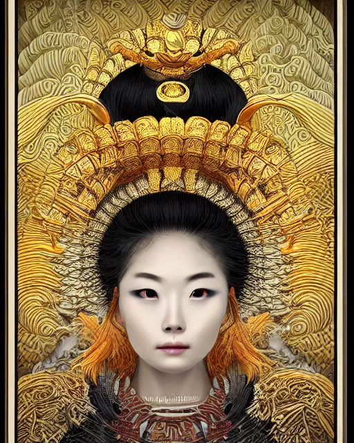 Image similar to hyper realistic portrait photo of ameterasu the sun goddess of japan, portrait shot, intricate detail