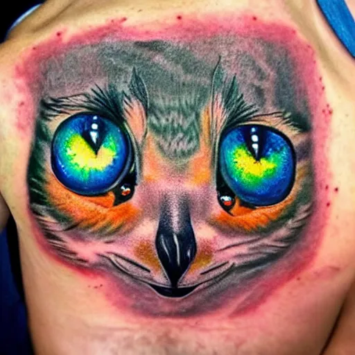 Prompt: shoulder tattoo of a multicolored trippy bushbaby with rainbow colored spiral eyes,