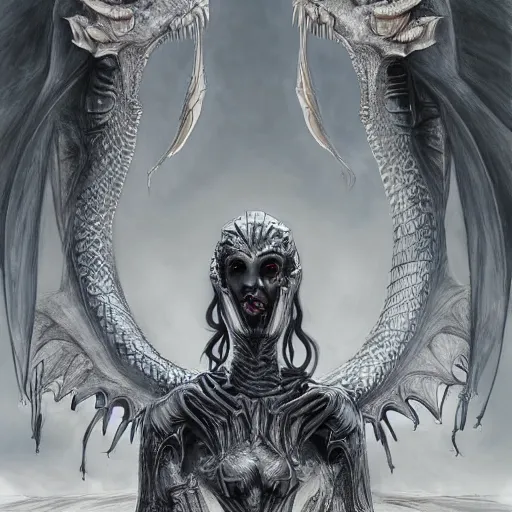 Prompt: Giger portrait of the dragon queen, Dragon in dragon lair, HD, full body dragon concept, flying dragon, Human body with dragon features, beautiful queen, perfect face, ray tracing, 4k realistic 3d rendered portrait, soft shading, soft colors, relaxed colors, hyperdetailed, wide angle lens, fantasy, futuristic horror, style of giger