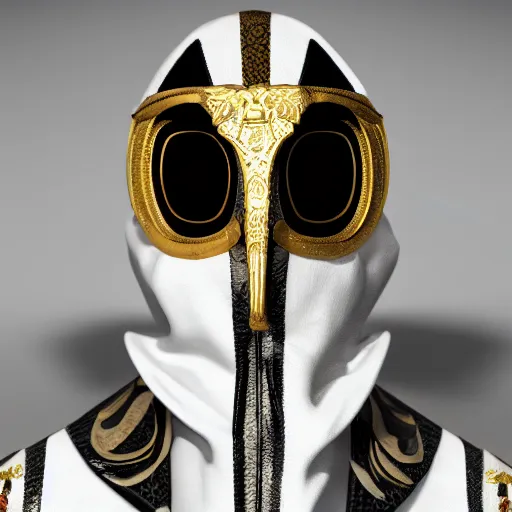Image similar to portrait of masked dune dynasty with gucci clothes, white background, gucci logo, 8 k, symmetrical, 3 d render, octane render, insane details